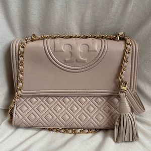Tory Burch Beige Quilted Leather Fleming Shoulder Bag